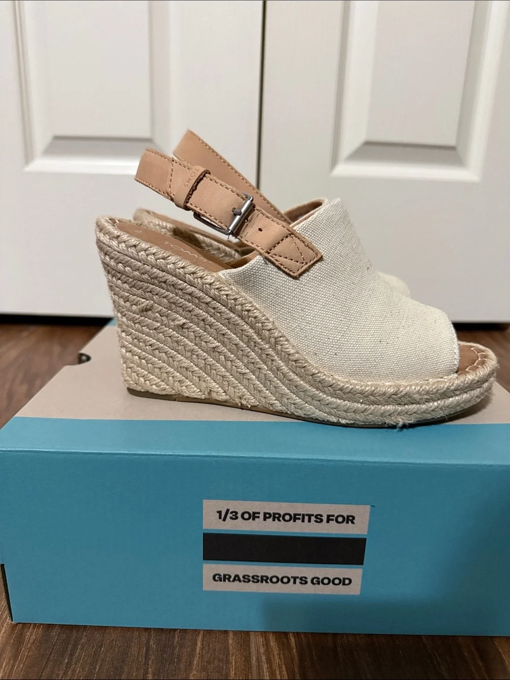 TOMS Cream Canvas Espadrille Wedge Sandals with Tan Ankle Strap